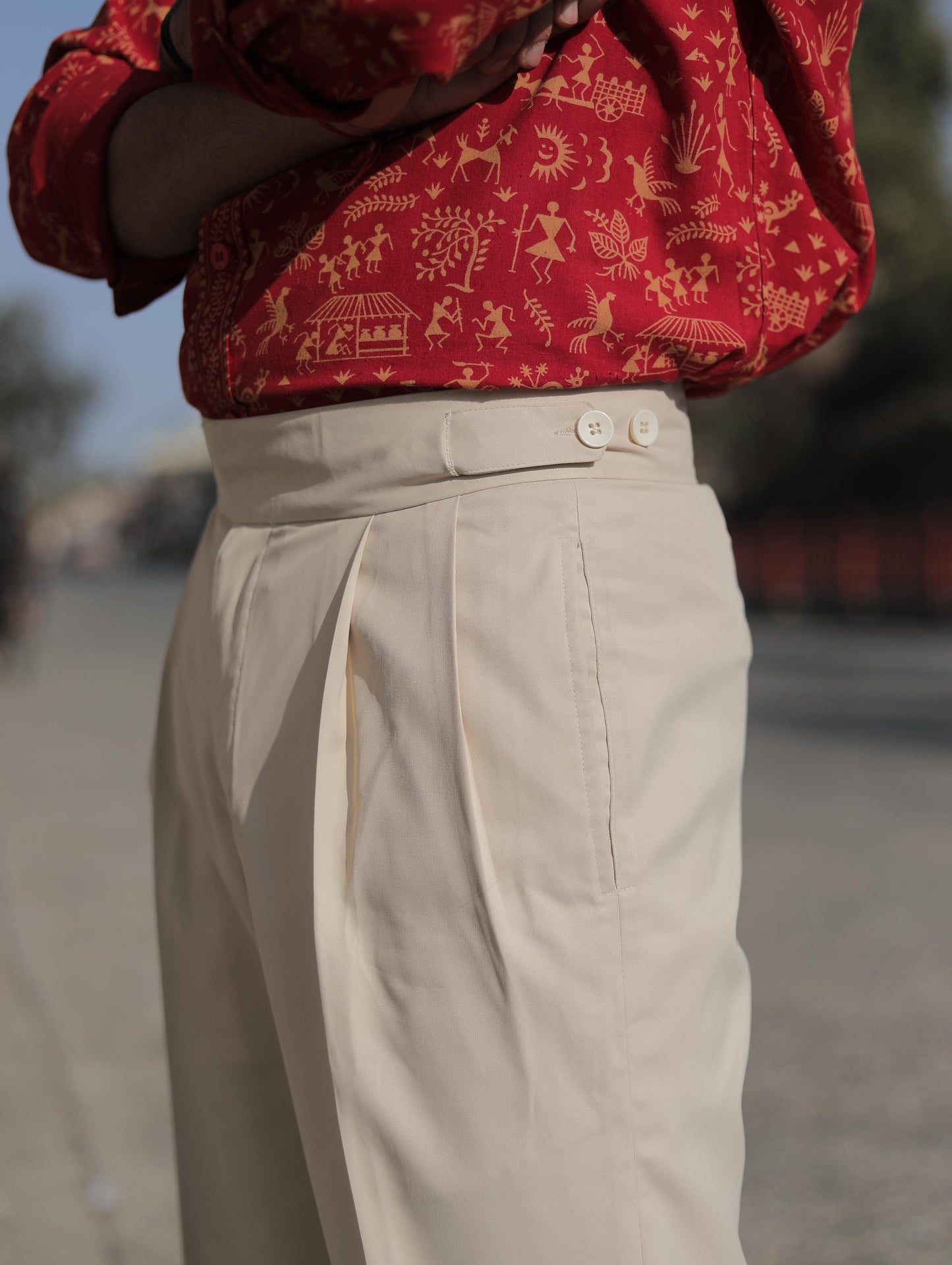 Beige Buttoned Gurkha Pants