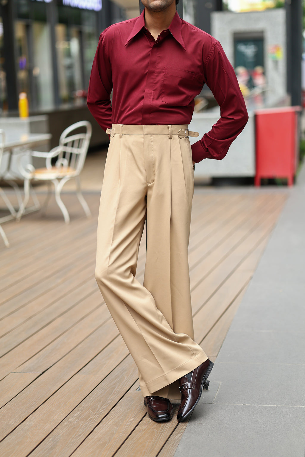 Khaki High Waist Side Buckle Wide Leg Trousers