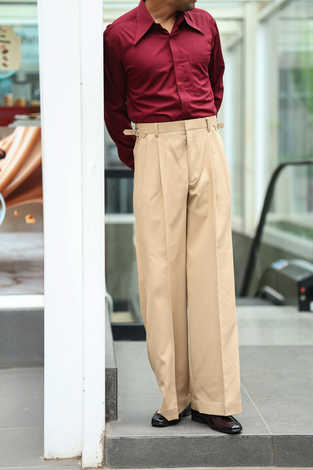 Khaki High Waist Side Buckle Wide Leg Trousers