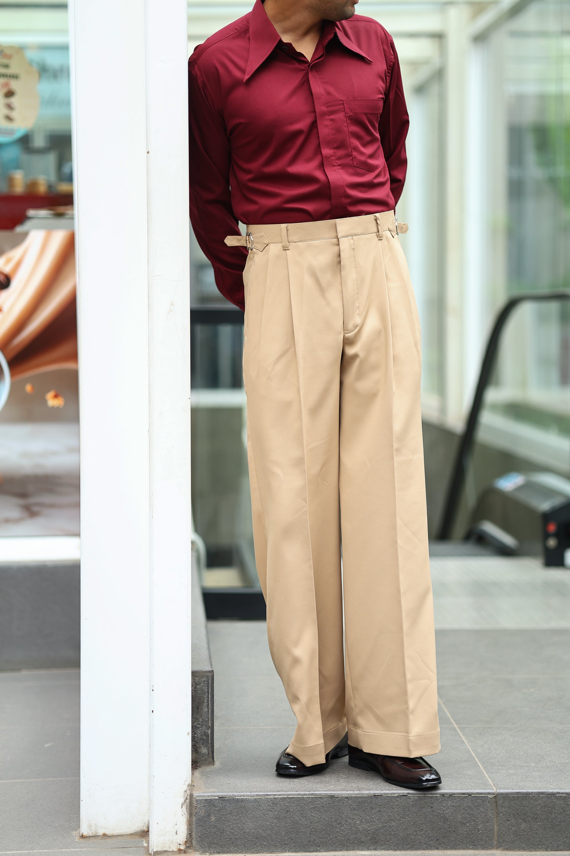 Khaki High Waist Side Buckle Wide Leg Trousers