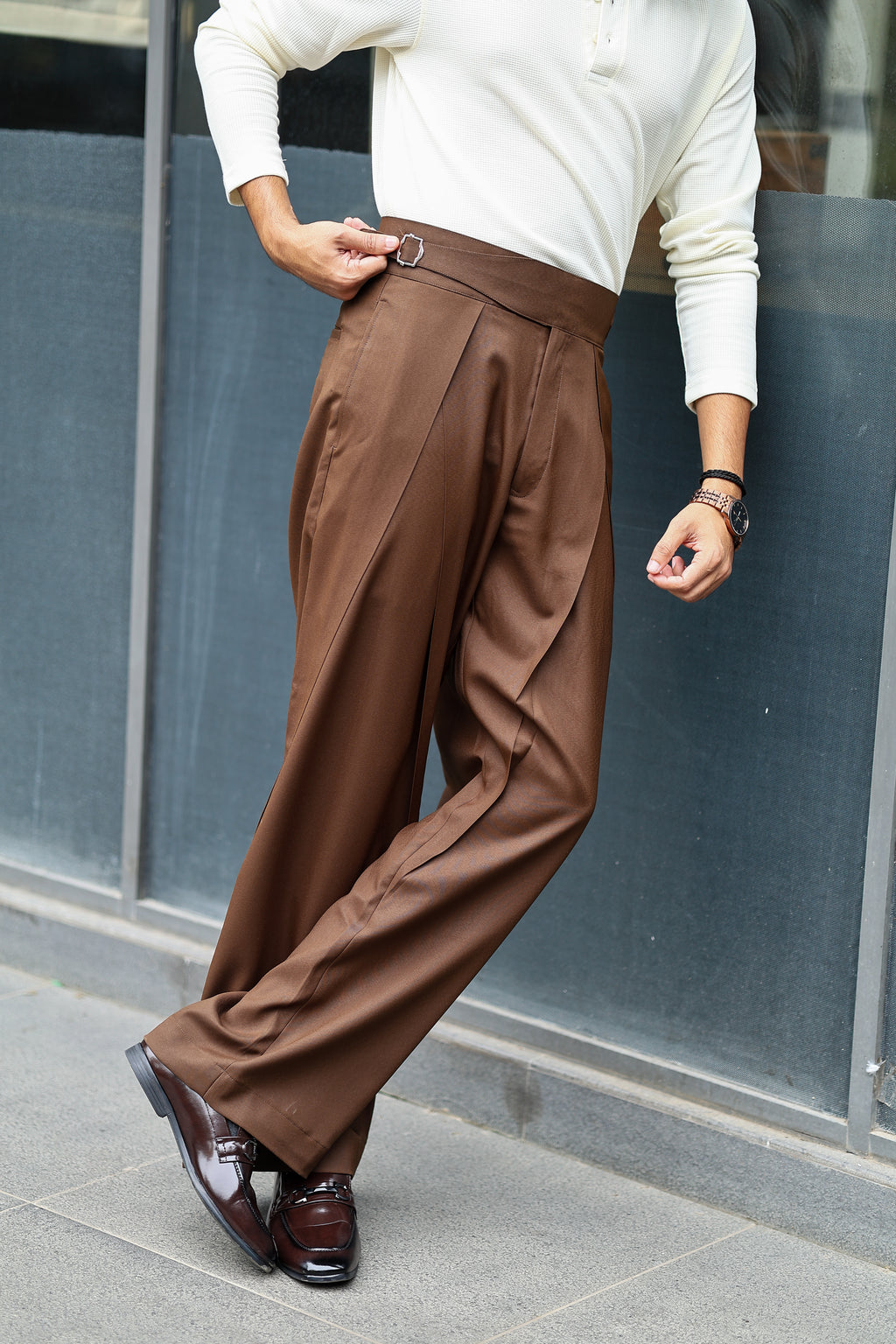 Chocolate Brown High Waist Dual Pleated Gurkha Trousers