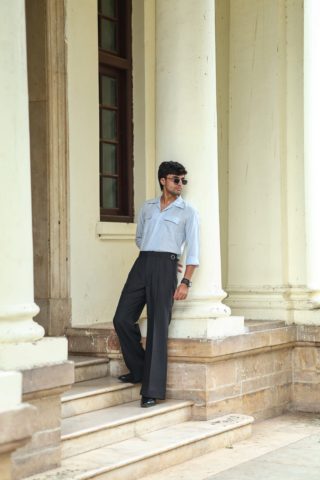 Black High Waist Side Buckle Wide Leg Trousers
