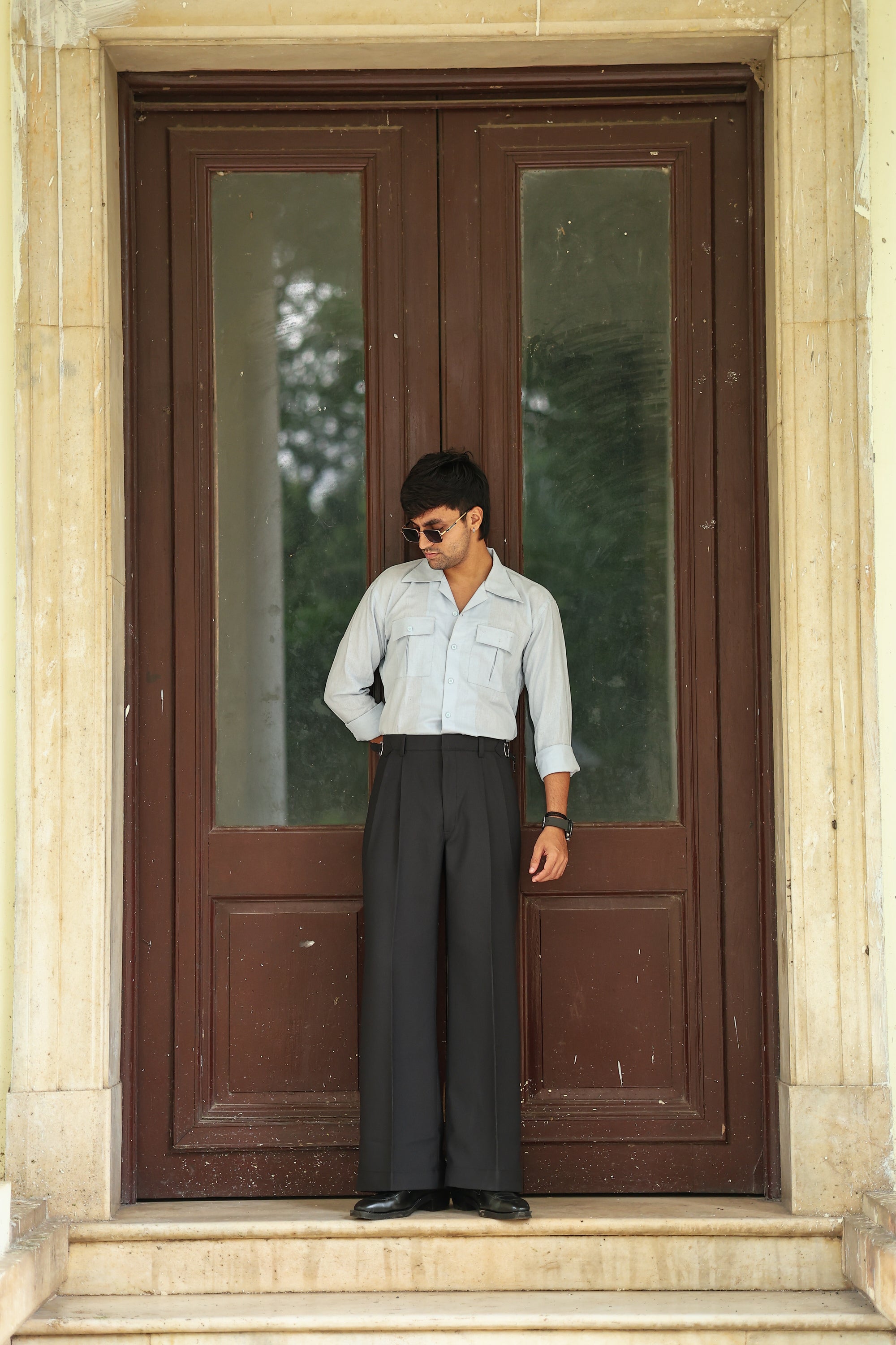 Black High Waist Side Buckle Wide Leg Trousers