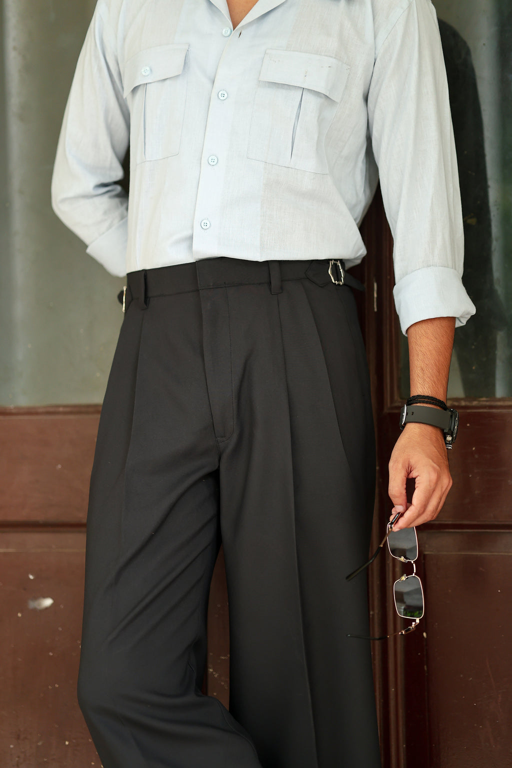 Black High Waist Side Buckle Wide Leg Trousers