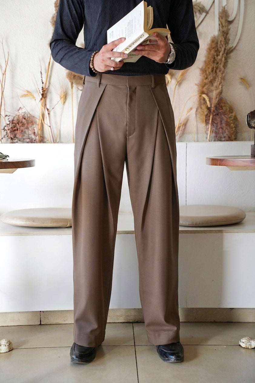 Mocha Brown Dual Pleated Trousers — Sculpted Volume