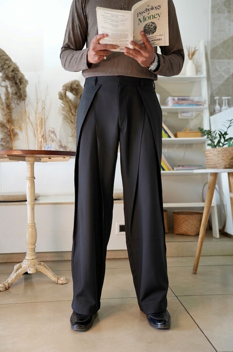 Charcoal Black Dual Pleated Trousers — Sculpted Volume
