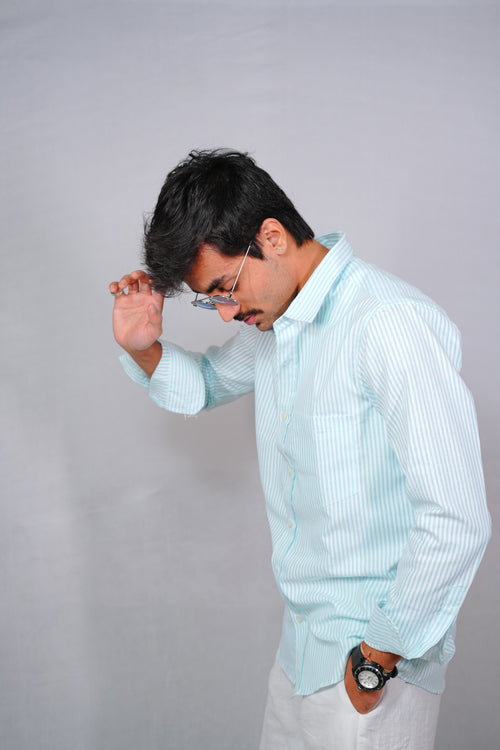 Azure striped slim fit cotton shirt for men – view 2