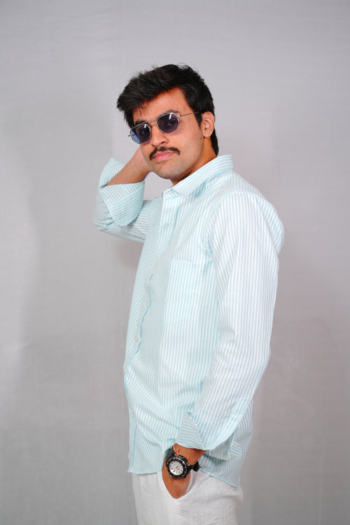 Azure striped slim fit cotton shirt for men by Maker India