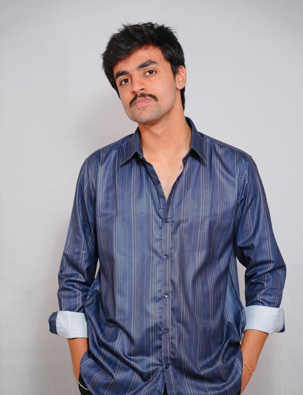 Classic Vintage Navy Blue Loose Fit Lining Shirt