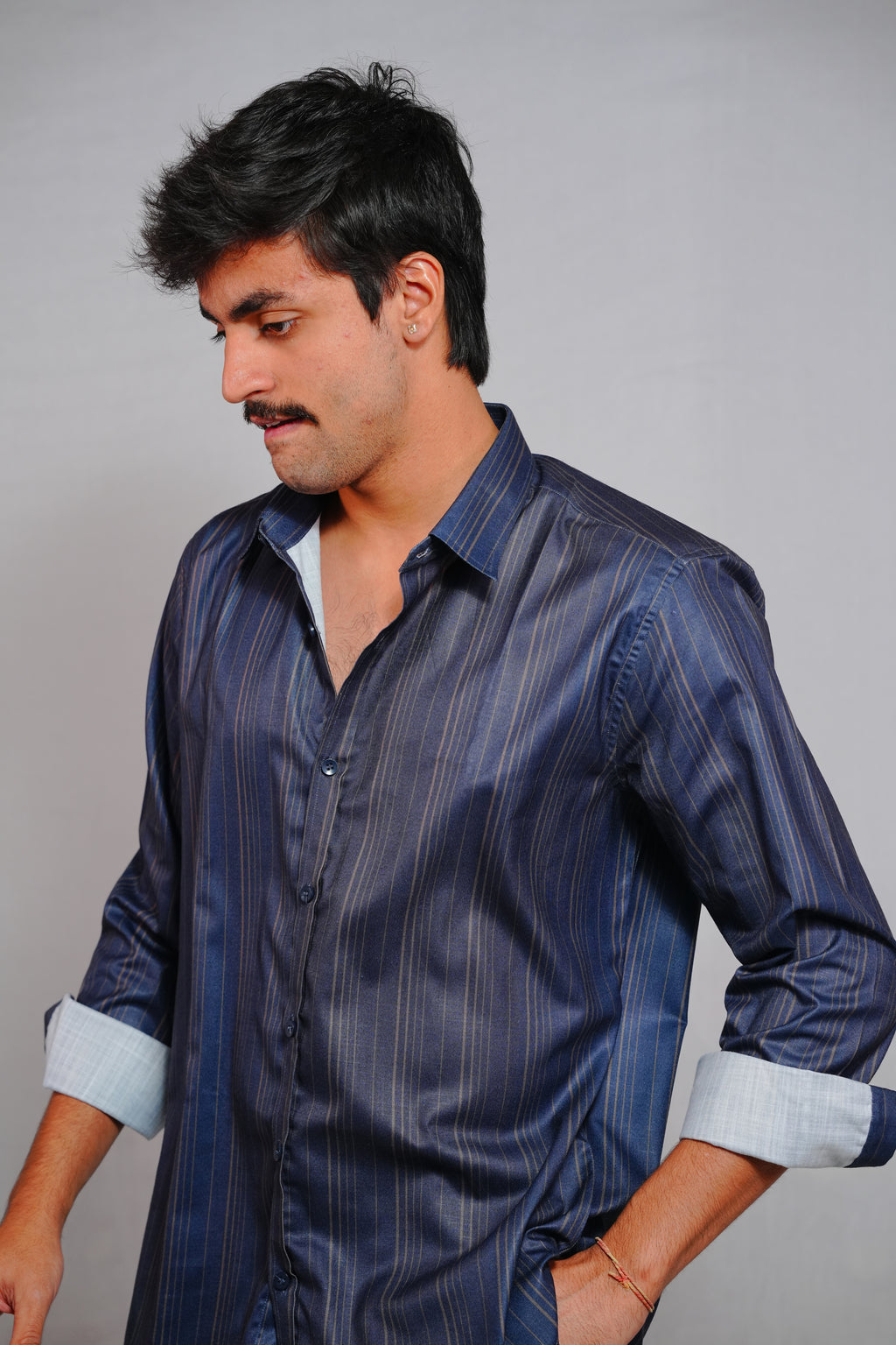 Classic Vintage Navy Blue Loose Fit Lining Shirt