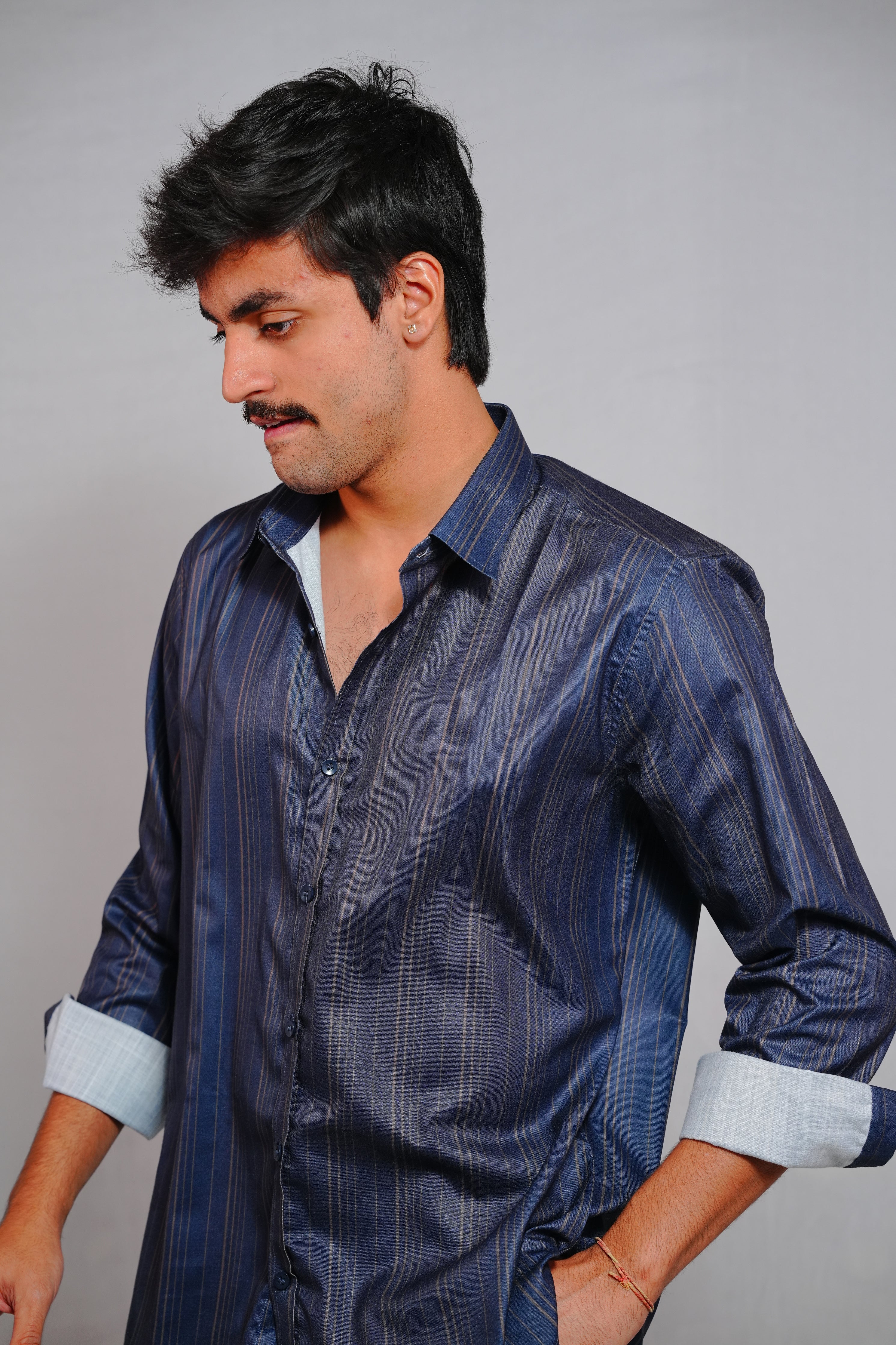 Classic Vintage Navy Blue Loose Fit Lining Shirt