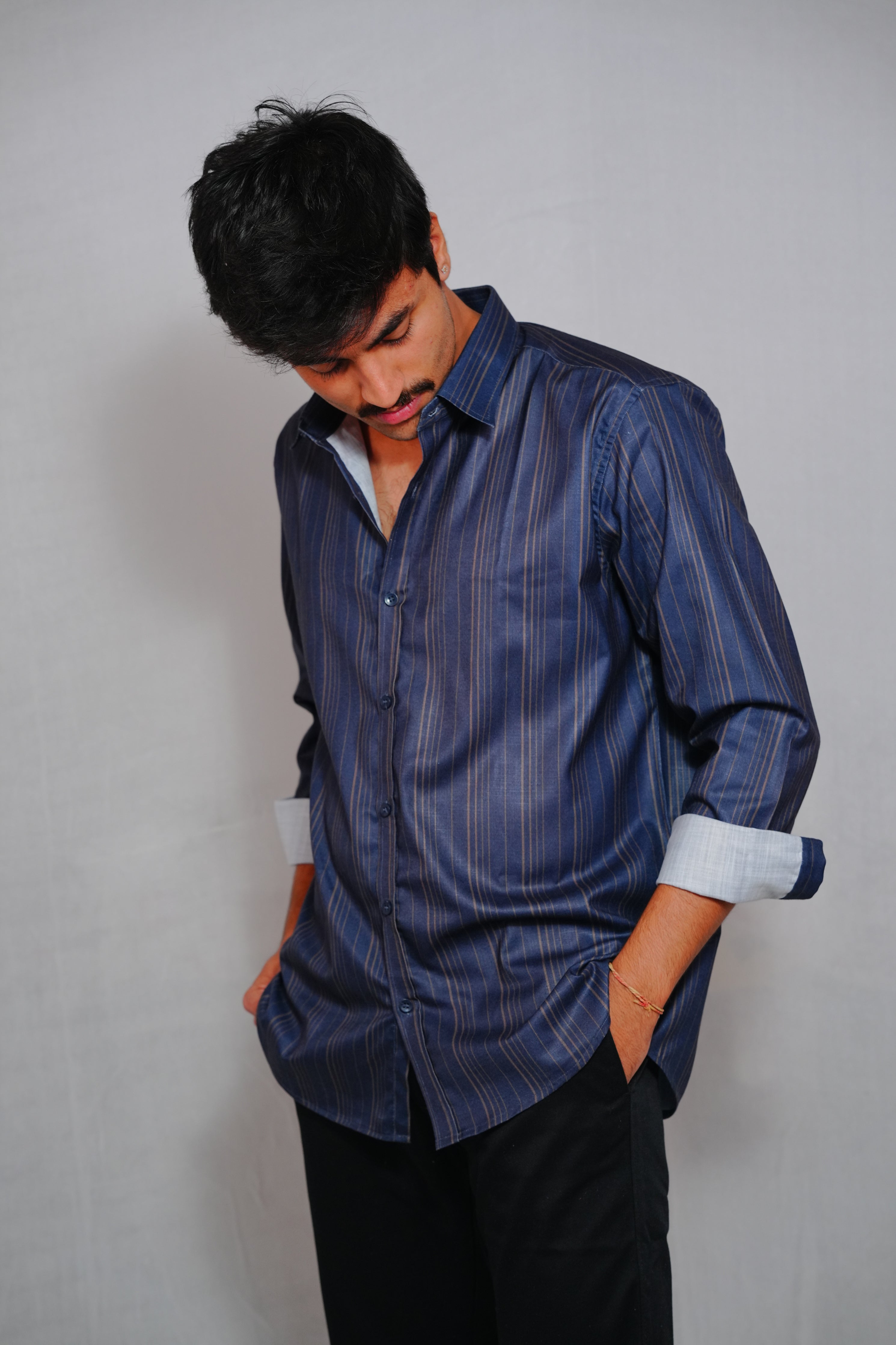 Classic Vintage Navy Blue Loose Fit Lining Shirt