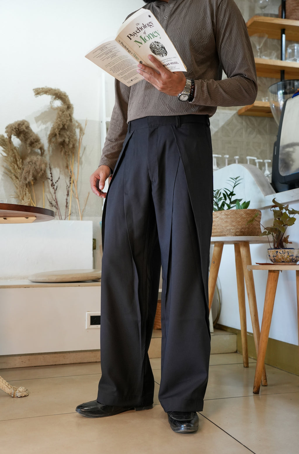 Charcoal Black Dual Pleated Trousers — Sculpted Volume