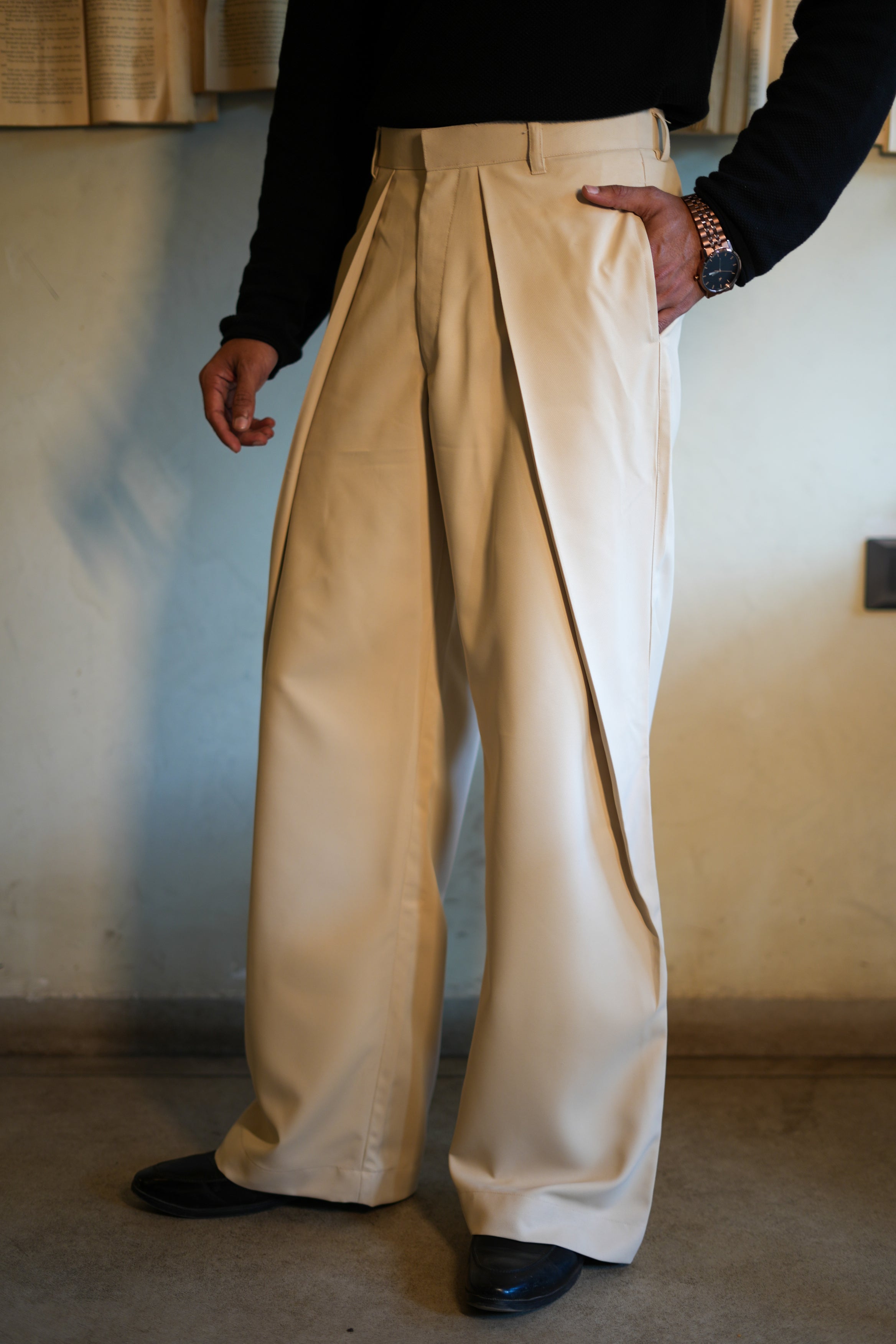 Beige Pleated Trousers | Relaxed Fit
