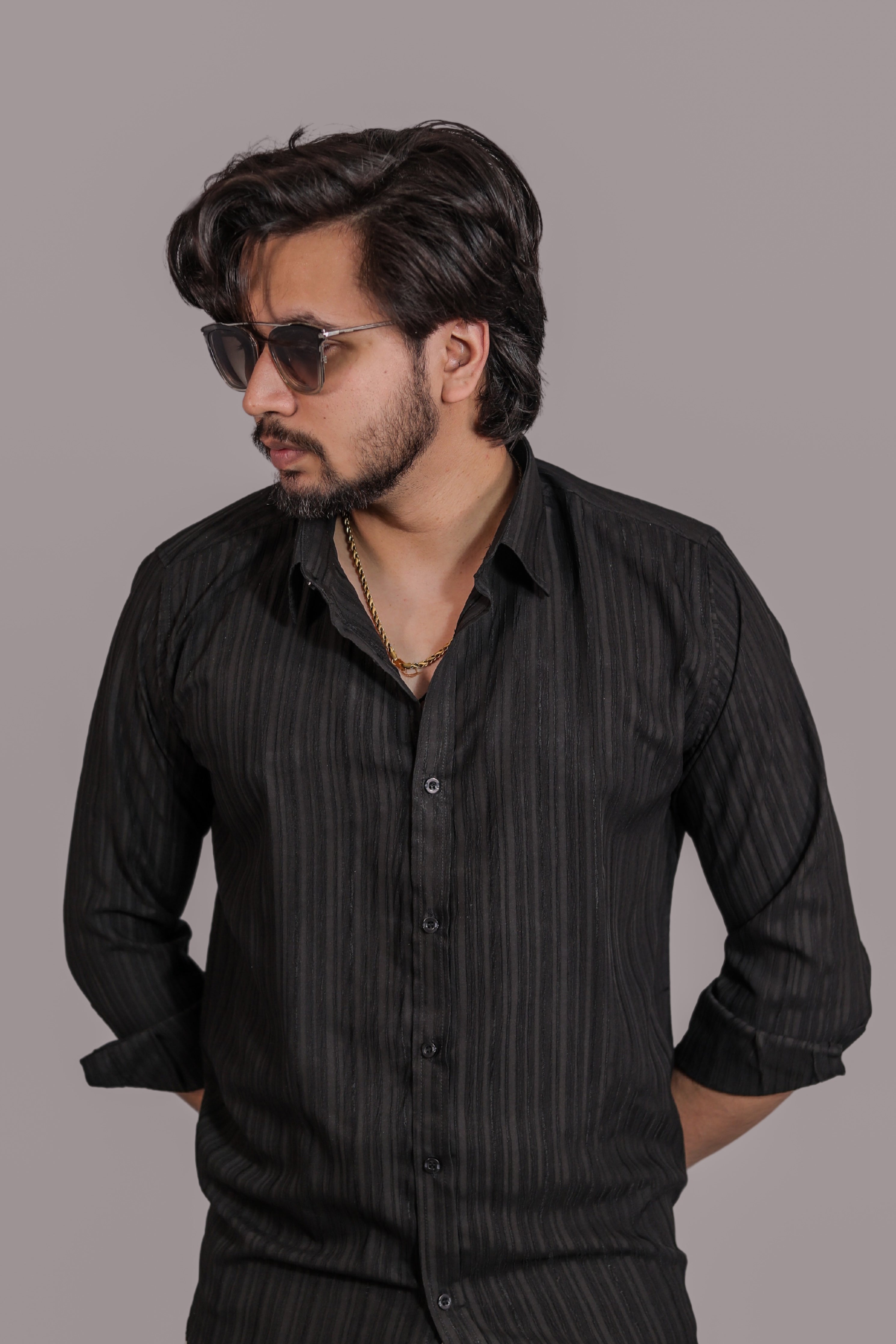 Black Opaque Stripped loose fit Shirt