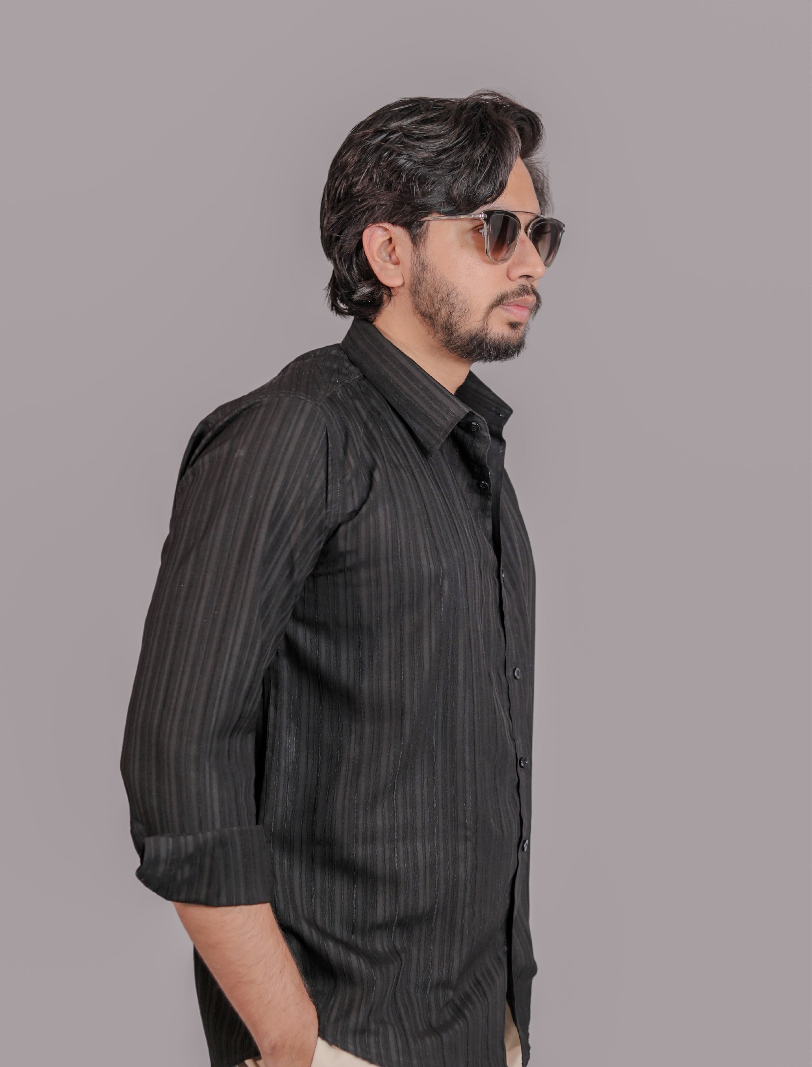 Black Opaque Stripped loose fit Shirt