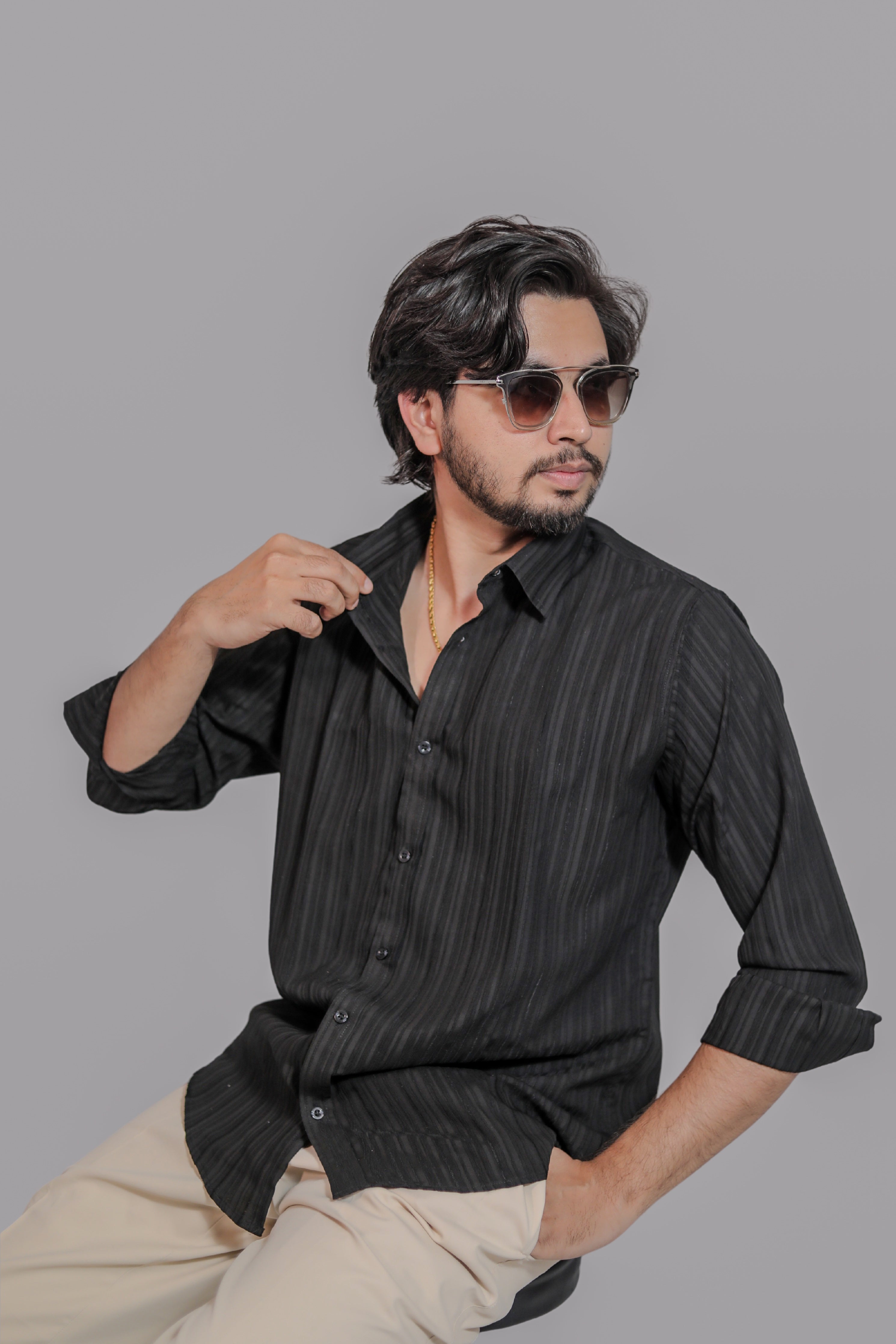 Black Opaque Stripped loose fit Shirt
