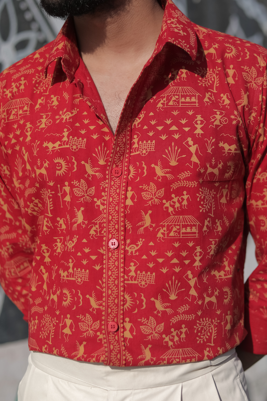 Red Warli Print Batik Shirt
